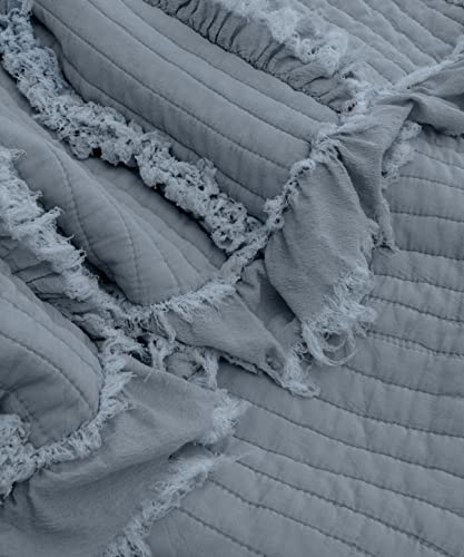 Ultra Soft Pre-Washed Quilted Throw Blanket, Ruffle Fringed Dark Blue Decorative Throw, Stone Washed Chic Rustic Blanket for Sofa Couch Bed Chair, 50"x 60" - color: Dark Blue, size: 50"x60"