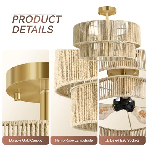 BoostArea 16.54” Boho 2-Tier Rattan Ceiling Light Fixture, Semi Flush Mount Woven Chandelier for Bedroom, Dining Room, Kitchen, Entryway, Living Room(Bulb not Included) - color: Beige