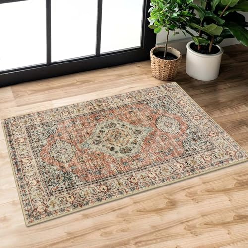 Lahome Oriental 2x3 Washable Rugs for Entryway, Soft Door Mat Indoor Entrance Small Kitchen Rugs Non Slip Ultra-Thin, Vintage Carpet for Bedroom Bathroom Eleanor, Peach/Orange - color: Terracotta, size: 2' x 3' (Rectangular)