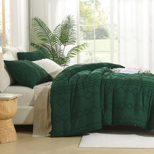Andency California King Comforter Set Emerald Green, 3 Pieces Boho Tufted Geometric Shabby Chic Bedding, Soft Fluffy Farmhouse Bed Set, Dark Green Textured Comforter for All Season (104x96 Inch) - color: 02 - Emerald, size: California King(104"x96")