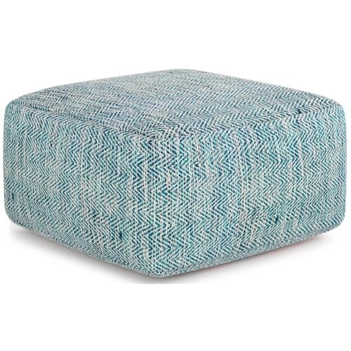 BOWERY HILL Boho Square Pouf, Patterned Teal Melange Cotton Upholstery, 20" x 20" x 10", Dense Polystyrene Filling, Versatile Seating or Ottoman for Living Room or Bedroom Use - color: Blue