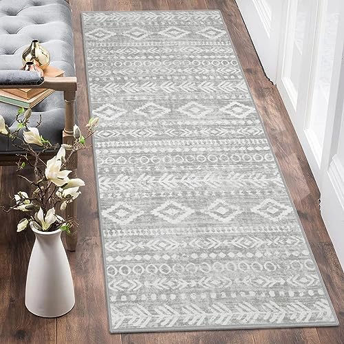 Lahome Runner Rug Non Slip 2x5, Washable Low Pile Laundry Room Rug, Farmhouse Grey Tribal Print with Rubber Backing, Soft Indoor Front Door Carpet Runner for Kitchen Hallway Entry Bathroom Varena - color: Grey/White, size: 2' x 5'