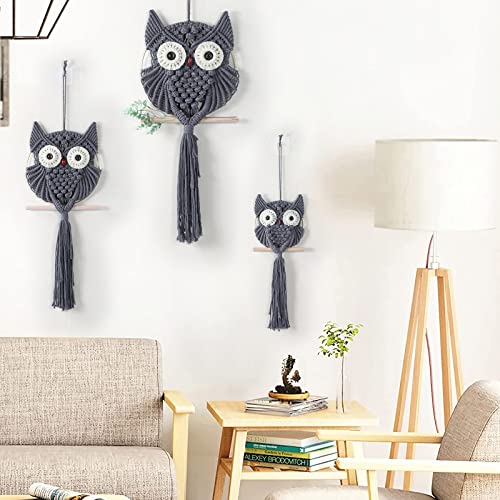 MVSUTA Owl Grey Cotton Handmade Macrame Wall Hanging Tapestry Home Decor Art and Gray Craft Wonderful Decoration Woven Boho Ornament for Office Bedroom Apartment Nursery Gallery,3pcs set:1pc L & 1pc M - color: Grey, size: 3pcs set:1pc L & 1pc M & 1pc S
