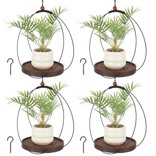 4pcs Circle Plant Hanger, Adjustable Height Hanging Planters with Sturdy Wooden Base & Planter Basket Holder, Modern Boho Flower Pot Plant Display Decor for Indoor Wall Ceiling Window