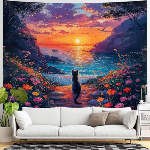 kampdream Landscape Tapestry, Scenery Art Wall Tapestries, Nature Wall Decor for Bedroom Living Room Backdrop Sunset Cat 44×60 inches - color: Sunset Cat, size: 60"L x 44"W