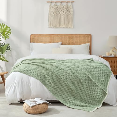 Snuggle Sac Sage Green Waffle Bedding Blankets Queen Size 90x90 inches, Reversible Microfiber Fluffy Fuzzy Soft Throw Cozy Knit Blanket for Women Mothers Birthday Gifts - color: Waffle Sage Green, size: Queen(90"x90")
