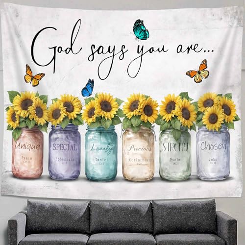 DYNH Inspirational Bible Verse Tapestry, God Says You Are, Sunflowers in Mason Jar Wall Hanging,Quotes Tapestries for Bedroom Living Room Dorm TV Backdrop,40x30In - color: Yellow, size: 40"L x 30"W