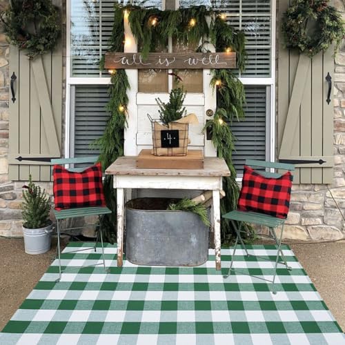 Green & White Christmas Plaid Rug, 4' x 6' Check Indoor/Outdoor Area Rug, Hello/Welcome Door Mat Layering Rug, Machine Washable Cotton Woven Rugs for Farmhouse Front Porch, Entryway - color: Green and White Plaid, size: 4' x 6' (Rectangular)