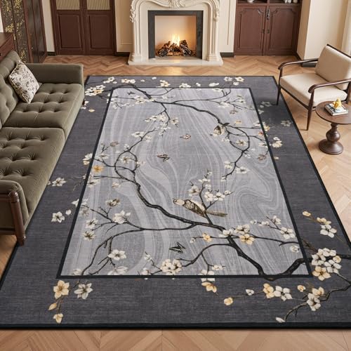 6x9 Area Rugs for Living Room Bedroom, Oriental Floral Birds Print Washable Rug, Soft Low Pile Non Slip Carpet for Dining Room Kids Room Farmhouse Office Home Decor, Grey - color: Grey, size: 6' x 9' (Rectangular)