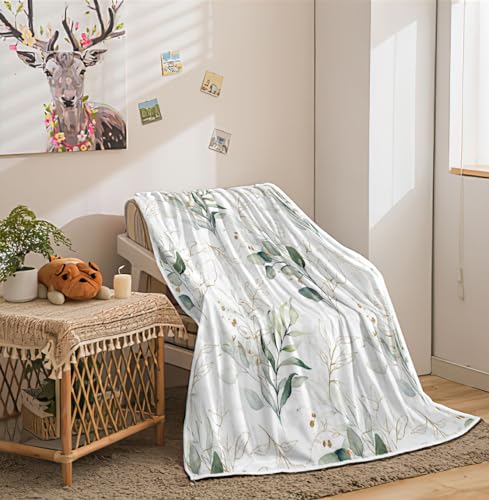 Eucalyptus Leaf Blanket, Botanical Plants Throw Blanket, Soft, Flannel, Warm, Watercolor Floral Throw Blanket Green Botanical Floral Aesthetic Bed Blanket for Couch Bedroom Living Room 60X70 Inch - color: Green, size: 60 X 70