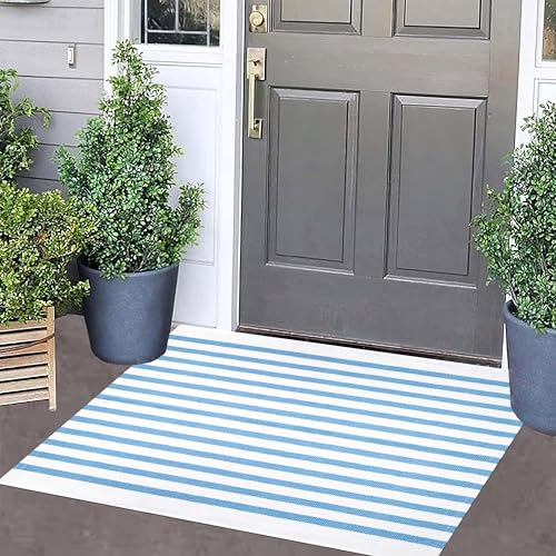 Front Outdoor Door Mat 2'x3',Light Blue Striped Outdoor Rug Machine Washable Cotton Layered Door Mat Entryway Throw Rug for Indoor Entrance - color: Light Blue, size: 2' x 3' (Rectangular)