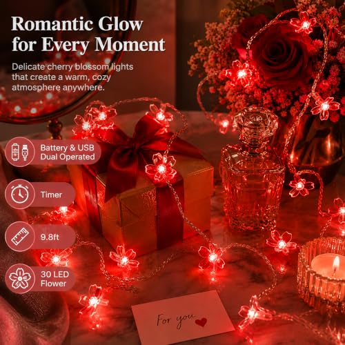 Battery & USB Operated 10ft Red Cherry Blossom Flower Fairy Lights String | Cute Flower String Lights With Timer For Bedroom, Party, Wedding, Christmas, Easter Tree Branch Hanging Romantic Decorations - color: 10ft Red Flower Lights