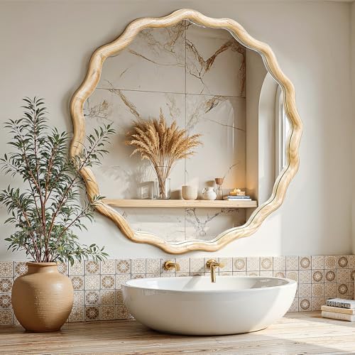 Circle Wood Mirrors for Wall, Wavy Round Bathroom Scalloped Mirror Wooden Frame 28 Inch for Living Room Farmhouse Bedroom Hallway Entryway Living Room with Shatterproof Glass Wall Mounted - size: 28"L x 28"W
