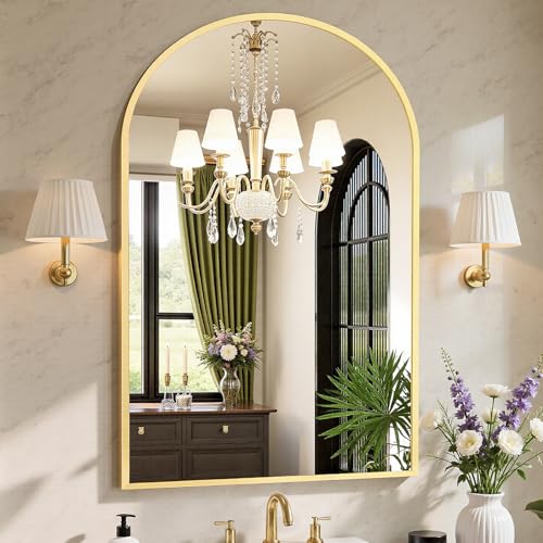 Sweetcrispy 26.5"x38" Arched Gold Bathroom Mirrors for Wall, Bathroom Mirrors for Over Sink, Metal Framed with HD Shatter-Proof Glass for Entryway, Living Room, Bedroom, Home Decor - color: Gold, size: 38"L x 26.5"W
