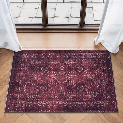 Bloom Rugs Washable Non-Slip 2' x 3' Rug - Dark Red Traditional Bordered Area Rug for Living Room, Bedroom, Dining Room, and Kitchen - Exact Size: 2' x 3' - color: Dark Red, size: 2' x 3' (Rectangular)