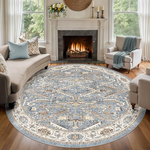 8x8 Round Area Rugs for Living Room-Washable Soft Large Vintage Rug Non-Slip Stain Resistant Traditional Stain Resistant Indoor Floor Low Pile Carpet for Bedroom Dining Room or Home Office- Blue - color: Blue, size: 8' x 8'
