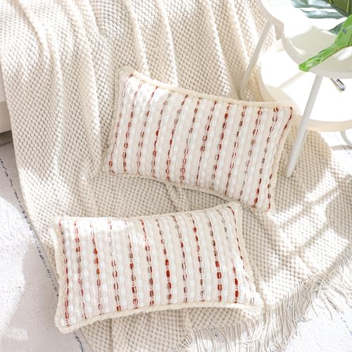 LUOYEHK Chenille Striped Throw Pillow Covers 12x20 Inch Set of 2 Boho Decorative Pillowcases with Fringe Farmhouse Neutral Orange White Cushion Covers for Couch Sofa Bed Living Room - color: Orange White, size: 20" x 12" (Pack of 2)