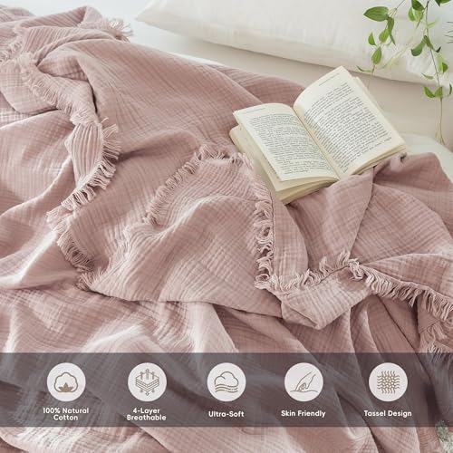 MooMee Muslin Blanket - 100% Cotton 4-Layer Gauze Throw Blanket with All-Around Fringe, Soft Breathable Lightweight Cooling Summer Blankets for Bed Couch(Greyish Pink,Oversize Queen 98" x 98") - color: Greyish Pink, size: Oversize Queen