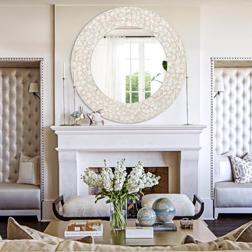 Large Capiz Shell Coastal Mirror, 42'' Round Mirror with Natural Capiz Seashell Frame, Decorative Circle Mirrors for Living Room Dining Room Bathroom Mantel Entryway - color: Cream-white, size: 42"L x 42"W