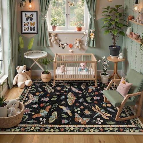 Beeiva Insect Print Rug 5x7, Washable Rugs for Living Room, Boho Non Slip Low Pile Ultra Thin Foldable Large Carpet for Office Bedroom Kids Room Playroom Apartment Dorm Classroom Decor(Black,5x7ft) - color: Black, size: 5' x 7' (Rectangular)