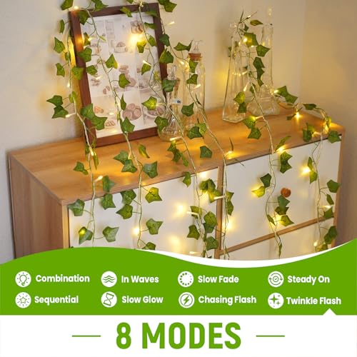 KASZOO 33FT 100 LED Ivy Vine Lights - PVC Plug in Leaf String Lights with Remote & Timer, Pre-Wrapped Garland for Bedroom Wall Garden Decor - color: IVY-Plug in-100 LED-Clear Wire