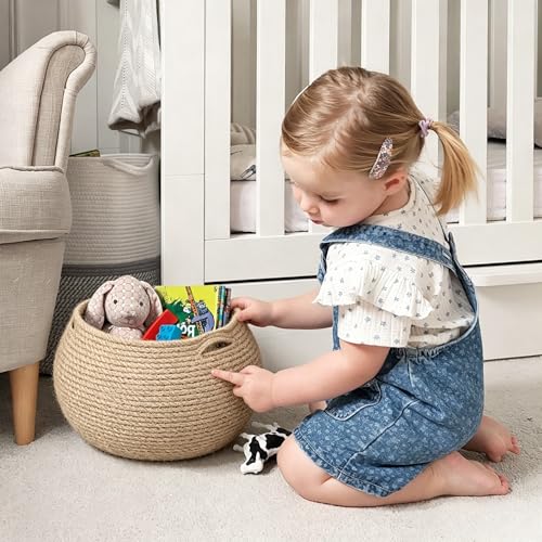 Goodpick Wicker Storage Basket for Living Room, Small Round Woven Basket for Toys, Towel, Bedroom, Children Corner Decoration Plant Baskets Indoor, Jute, 12.5"D x 8.3"H - color: Jute, size: 10"D x 8.3"H