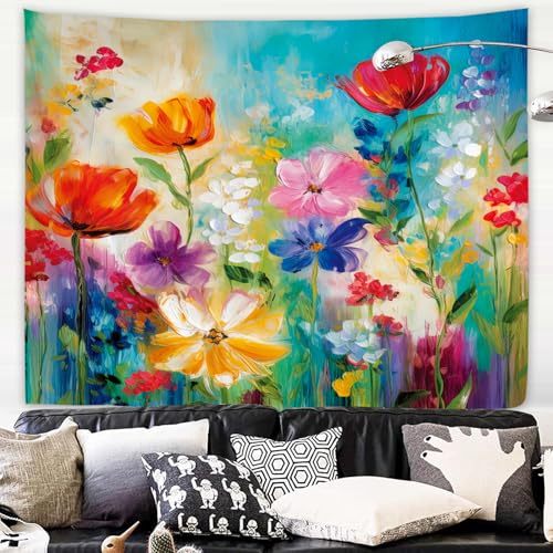 Colorful Flower Tapestry 59W by 51H Inch Wall Hanging Oil Painting Abstract Plant Wildflower Art Bedroom Living Room Dorm Polyester Fabric Home Decor - color: Colorful Flower Art, size: 59"L x 51"W