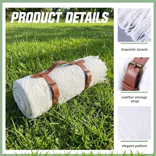 Frienda 72 x 92 Inch Large White Outdoor Picnic Blanket Woven Cotton Yarn Blanket with Fringe and Leather Storage Strap Boho Decor Camping Lawn Wedding Photoshoot Beach Park Grass - color: White, size: 72 x 92 Inch