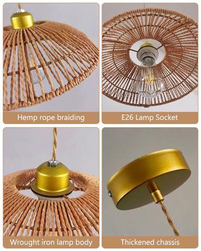 Boho Rattan Pendant Light, 12 Inch Hand Woven Rustic Chandelier, Farmhouse Hanging Ceiling Light Lamp Wicker Chandelier for Dining Room Kitchen Island Living Room - color: 11.81″-Semicircle