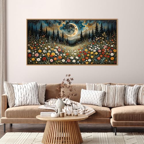 HPINUB Wildflower Moon Pine Tree Framed Canvas Wall Art Set,Nature Forest Wall Decor,Mystical Starry Night Artwork Rustic Mountain Landscape Art Print for Living Room,Bedroom,Office-20 x40 - color: Wildflower Moon Wall Art, size: 40"L x 20"W