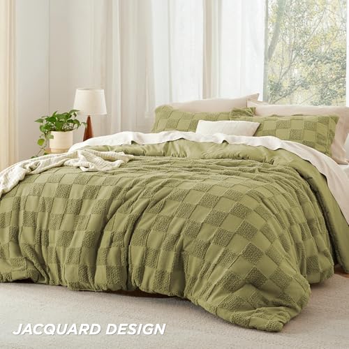 Bedsure Queen Size Comforter Set Olive Green, Boho Tufted Bed Set, Checkered Farmhouse-Style Distressed Vintage Bedding, 3 Pieces, 1 Plaid Geometric Comforter and 2 Pillow Shams - color: 02 - Olive Green - Tufted Checkboard, size: Queen