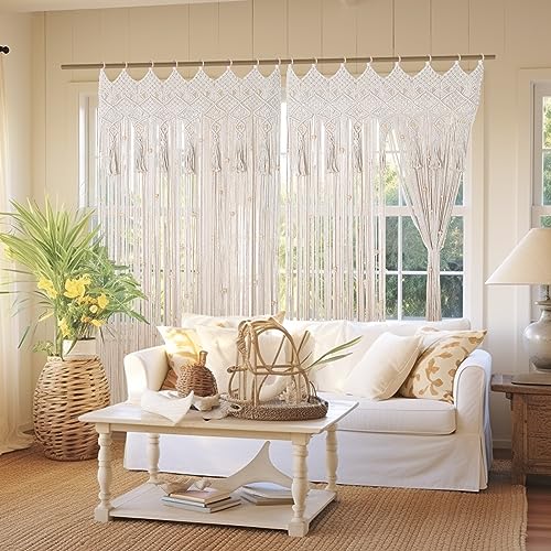 BECHAEO Boho Macrame Beaded Curtain Handmade Door String Curtain for Doorway Window Cotton Tassels Beads Hanging Room Divider Hallway Closet Bedroom Living Room Decor, White - 1 Panel 35" W x 79" L - size: 35"W x 79"L (Pack of 1)
