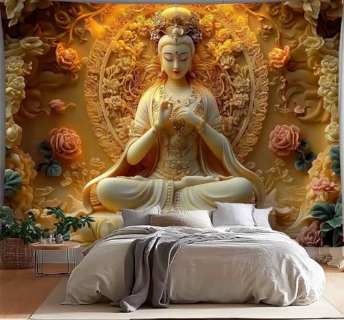 FENDROM Sitting White Buddha Tapestry Wall Hanging Buddhist Statue With Flower Meditation Wall Decor Zen Art Psychedelic Indian Wall Blanket for Bedroom Living Room Home Decor - color: White, size: 59"L x 39"W