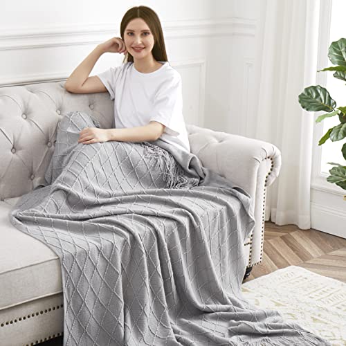 Acrylic Knitted Throw Blanket, Lightweight and Soft Cozy Decorative Woven Blanket with Tassels for Couch, Bed, Sofa, Travel, Suitable for All Seasons, 50 x 60 Inches, Grey - color: Grey