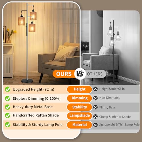 Hotsonic 72" Tall Boho Rattan Style Floor Lamp with Hand-Woven Paper Cord Shade, Dimmable Industrial Tree Standing Lamp for Living Room, Bedroom, Study Room, Office (3 x 800LM Bulbs Included) - Black - color: Black+Light Brown