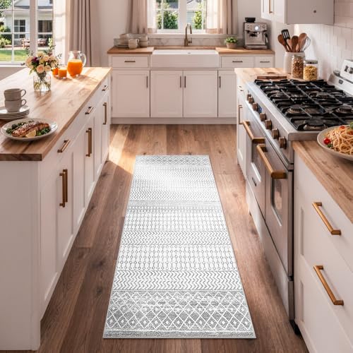 Moroccan Washable Runner Rug, 2x5 Ultra Soft Non-Slip Ivory Gray Hallway Runner Rug, Low Pile Distressed Bathroom Rugs Carpet Runner for Entryway Kitchen Bedroom Laundry Room - color: Ivory / Gray, size: 2' x 5' (Runner)