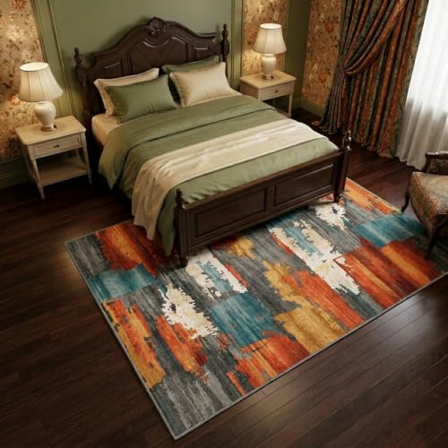 5x7 Area Rug for Living Room,Modern Abstract Burnt Orange Rug,Terracotta and Teal Brushstroke,Washable Rug,Non Slip, Bedroom, Dining Room, Home Office - color: Burn Orange, size: 5' x 7' (Rectangular)