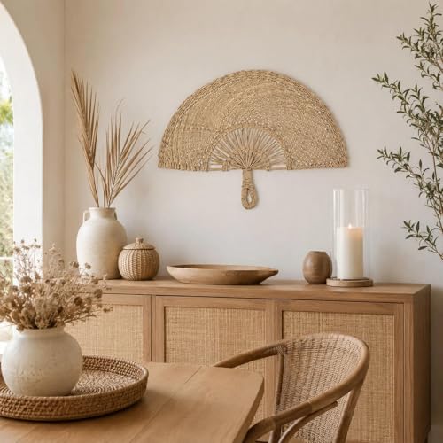 LOGOFUN Handmade Straw Woven Semicircle Fan Wall Art Decor | For Rustic Farmhouse Decoration, Boho Wedding Hanging Ornament