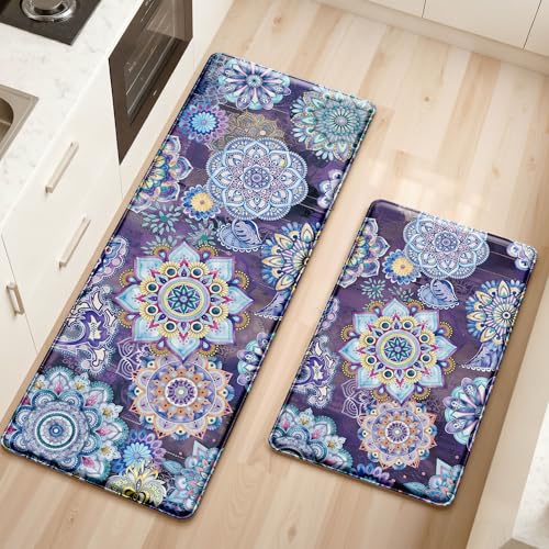 Boho Purple Floral Kitchen Rugs Mats for Floor 2 Piece Memory Foam Padded Kitchen Mats Anti Fatigue Non Slip Cushioned Comfort Standing Mat, 17.3x28+17.3x47 Inch - color: Boho Purple, size: 17.3"x28"+17.3"x47"-0.40Th[2PCS]