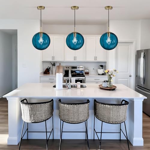 Modern Blue Glass Pendant Light, Kitchen Island Lighting 3-Pack Globe Pendant Light Fixtures Century Kitchen Island Pendant Lighting for Bedroom Living Dining Room Light Fixture (Without Bulb) - color: Blue-1 Light-3PC