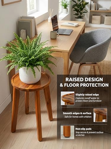 Demigo 15-Inch Tall Plant Stand for Indoor & Outdoor Use, Acacia Wooden Decorative Plant Shelf with Spill-Proof Tray, Flower Holder for Heavy Pots, Gardening Display - Natural Brown - color: Natural Acacia, size: Tall