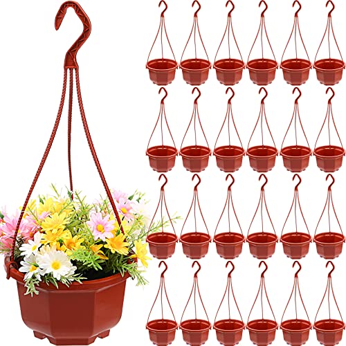 Roshtia 24 Pcs Hanging Plastic Planter Pot with Hook Flower Pots Baskets Hanging Nursery Planter Holder for Outdoor Indoor Plant Garden(Brown,6.7 Inch) - color: Brown, size: 6.7 Inch