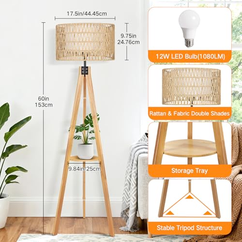 OUTON Boho Rattan Tripod Floor Lamp with Shelves, Remote Control, Dimmable Mid Century Modern Standing Lamp 58.5" for Bedroom, Living Room & Office, Lamp Shade Includes E26 9W Bulb, Wood - color: Wood & Rattan Shade