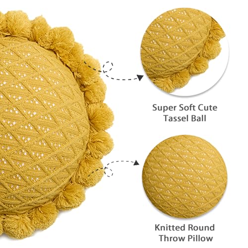 Acrylic Knitted Round Throw Pillow Knitting Bohemian Circular Cushion Pillow with Knit Handmade Pompoms Decorative Ginger Yellow, Diameter 18inches - color: Ginger Yellow