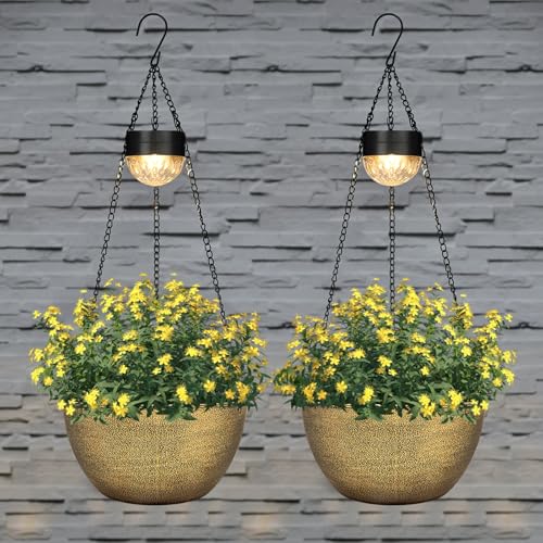 BAYN 2 Packs Solar Hanging Basket Planters for Plants Outdoor, Self Watering Copper Flower Plants Pots with Solar Light Drainer for Balcony Patio Garden Outdoor Decoration - color: Copper