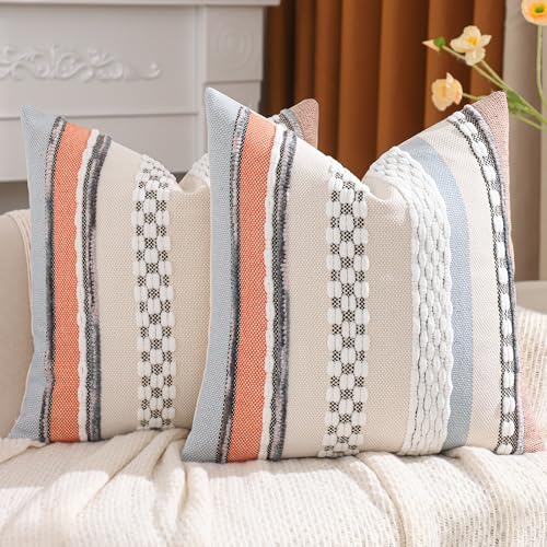 Boho Pillow Covers 18x18 Set of 2 Farmhouse Decorative Throw Pillow Covers Chenille Striped Pillow Cases Accent Pillowcases for Fall Autumn Home Decor,Orange and Blue - color: Orange-blue Stripe, size: 18" x 18" (Pack of 2)