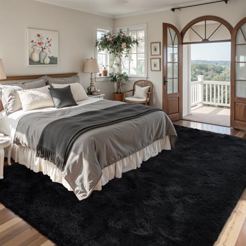 8x10ft Black Fuzzy Plush Living Room Rugs,Large Soft Fluffy Bedroom Area Rugs Non-Slip Shaggy Carpet for Nursery Kids PlayRoom Dorm Office Indoor Modern Carpets - color: A-black, size: 8' X 10' (Rectangular)