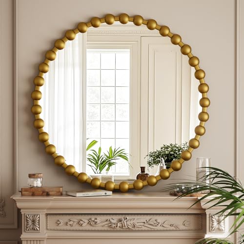 Easly Round Mirror for Wall, 32 Inch Gold Beaded Frame Decorative Vanity Mirror, Circle Bathroom Mirror with High-Definition Lense, Modern Wall Decor for Bathroom, Living Room, Bedroom, Entryway - color: Gold, size: 32"L x 32"W
