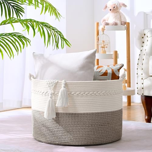 67L Large Blanket Basket, 20"x13" Woven Storage Baskets With Handle, Cotton Rope Blanket Basket Living Room, Baby Laundry hamper for Blanket, Nursery, Toy, Pillow (White & Grey) - color: White & Grey, size: 67L