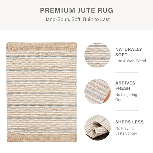 Homespice Remi Striped Area Rug 3x5' - Soft & Thick Premium Handwoven Jute Rug for Kitchen and Hallway, Lays Flat, Won't Fray or Shed, Warm Tan, Ivory & Gray Stripes - color: Remi, size: 3' x 5' (Rectangular)